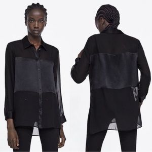 Zara Sheer Satin Combo Button Down Blouse